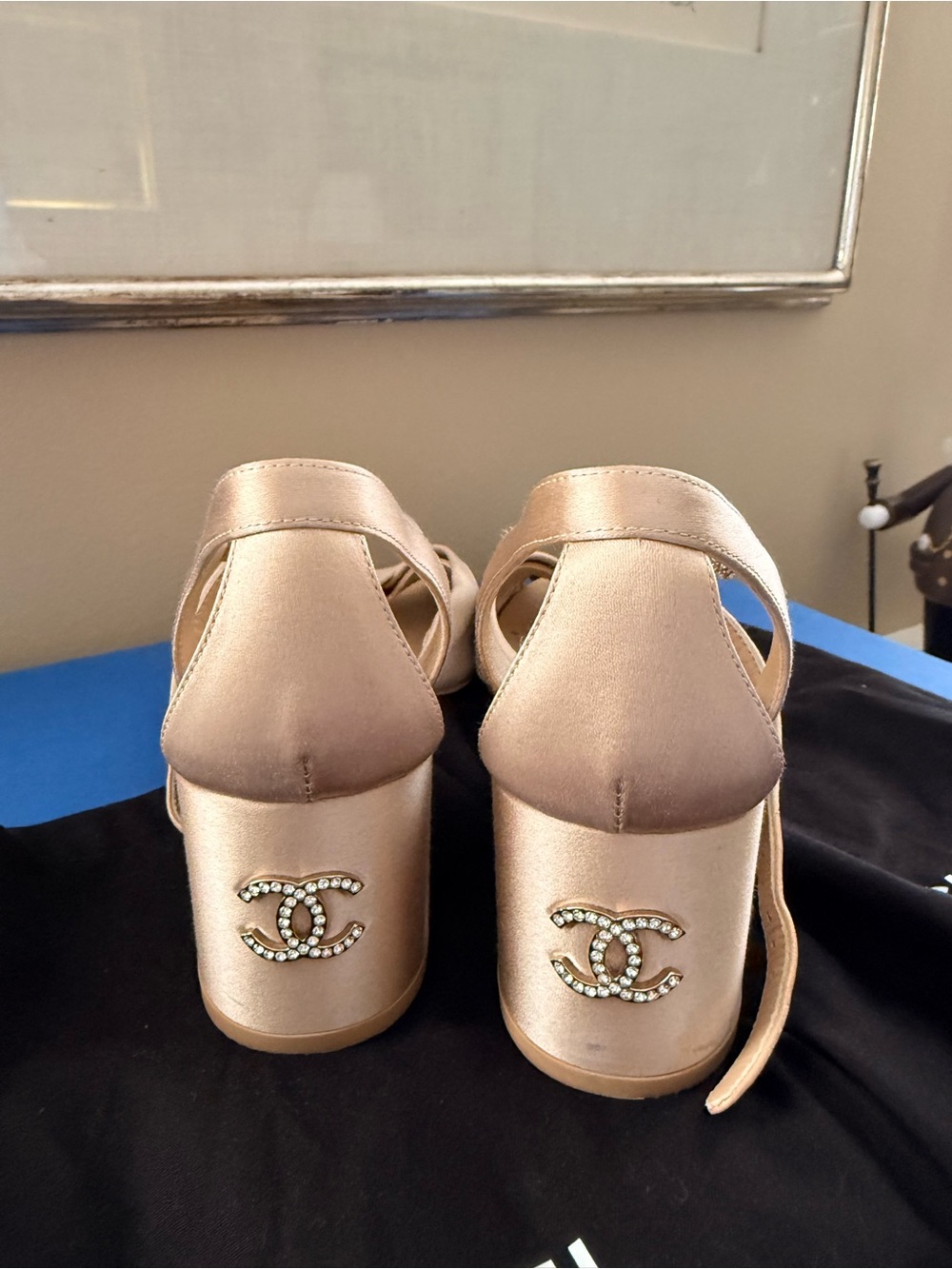 CHANEL Rose Gold Satin Crystal-Logo Block Heel Sandals EU 41